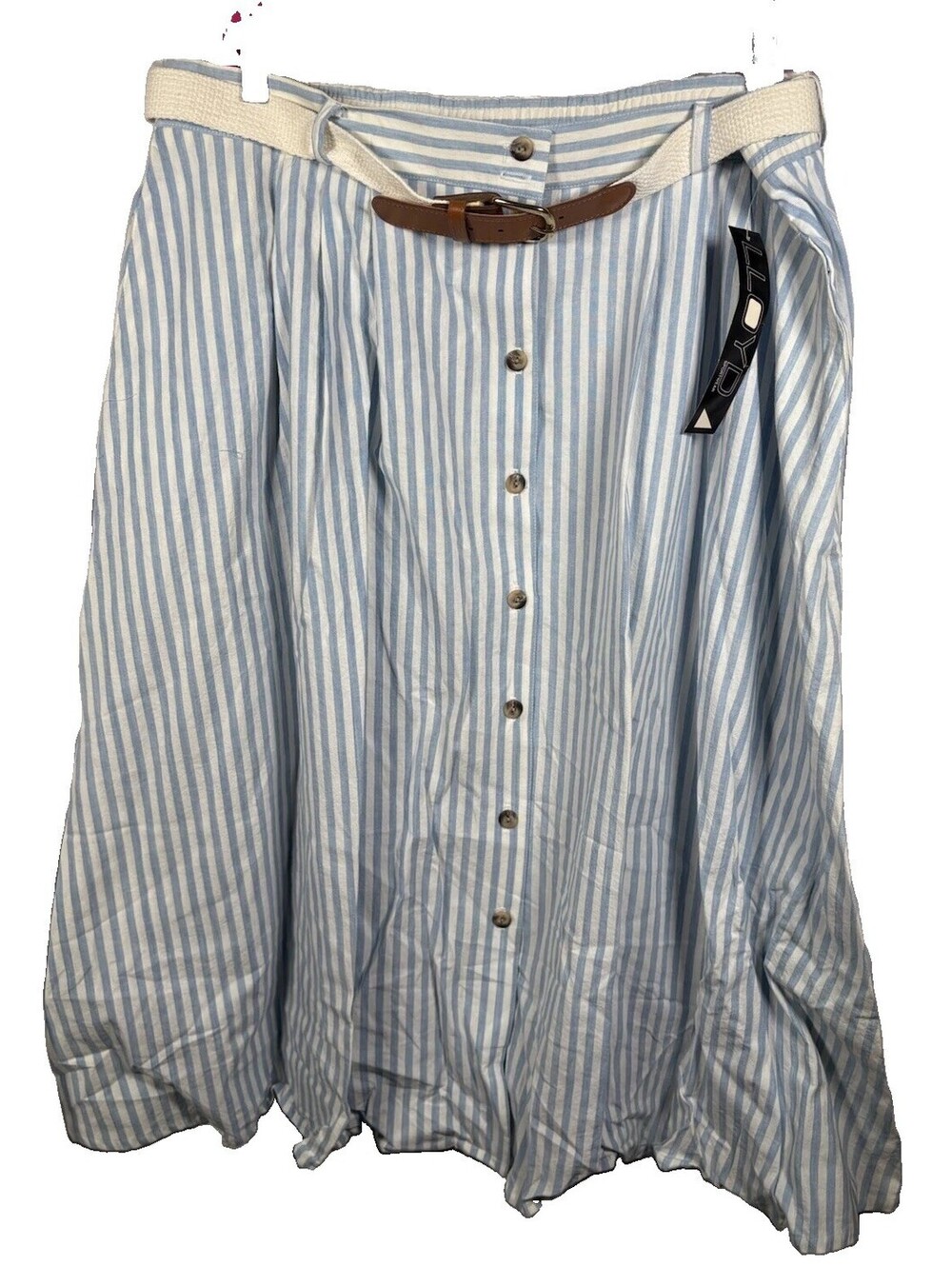 NWT Vintage Lloyd Sportwear 22W Blue White Striped Belted Midi Skirt USA
